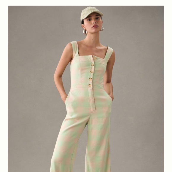 New Anthropologie Maeve Portside Button-Front Jumpsuit Checker Green Size 12